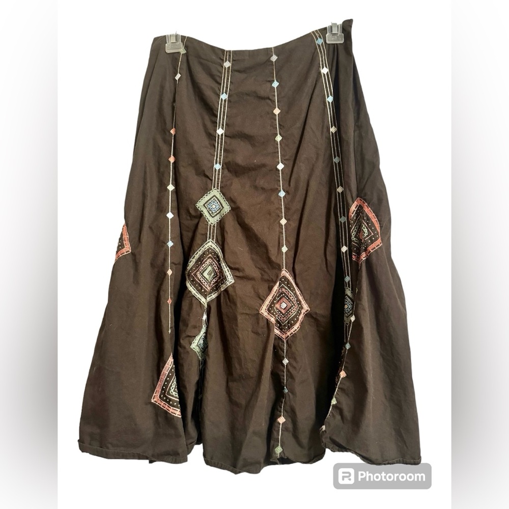 S.L.B. Midi Skirt Y2K Brown Dreamcatcher Embroidered Size 6 Bratz Lizzie McGuire